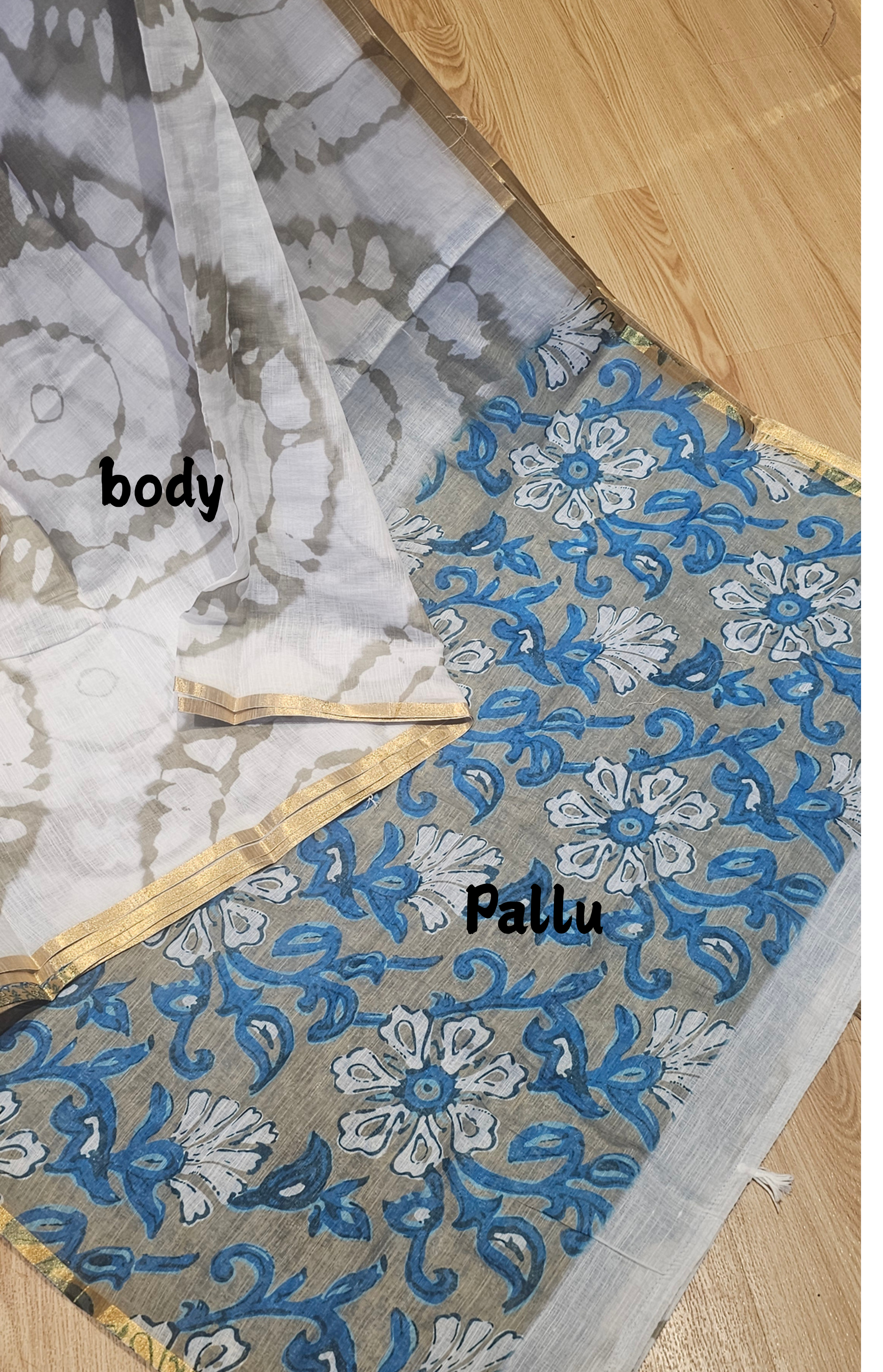 White & Olive Linen Cotton Saree with Blue Floral Pallu| Naanal